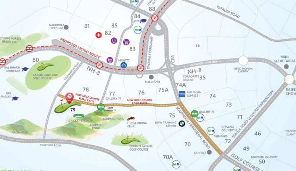 M3M golf Hills sector 79 Gurgaon showing all the routes and connectivity and proposed metro route