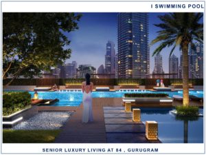 Senior Luxury living with their lighting tower having in front of swimming pool in gurgaon.