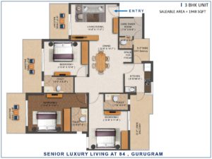 3 BHK Floor plan of Senior Luxury Living sector 84 Gurgaon.